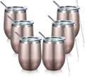 COMOOO Rose Gold Stainless Steel Wine Tumbler Bulk with Lid and Straw 12oz Double Wall Vacuum Insulated Travel Tumbler Cup for Coffee Wine Cocktails Ice Cream Cup (Rose Gold, 6 pack)