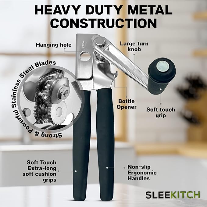Commercial Can Opener, Manual Heavy Duty Hand Crank, Large Handheld Can Opener Easy for Big Cans, Swing Grip Design, Manual Can Opener with Comfortable Easy Crank Handle, Black