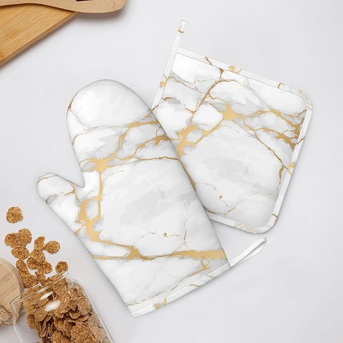 Oven Mitts and Pot Holders Marble White Gold Silicone Kitchen Accessories Set of 4 Heat Resistant Long Gloves Potholder Non-Slip Grip for Chef Cooking,Baking,Grilling,BBQ