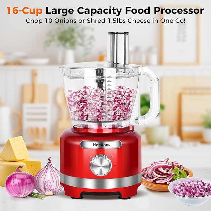 Homtone 16 Cup Food Processor, 9 Functions 7 Blades 3 Speeds for Shredding, Slicing, Doughing, Emulsfying and Meat Vegetable Chopping for Home Use, 600W (Red)