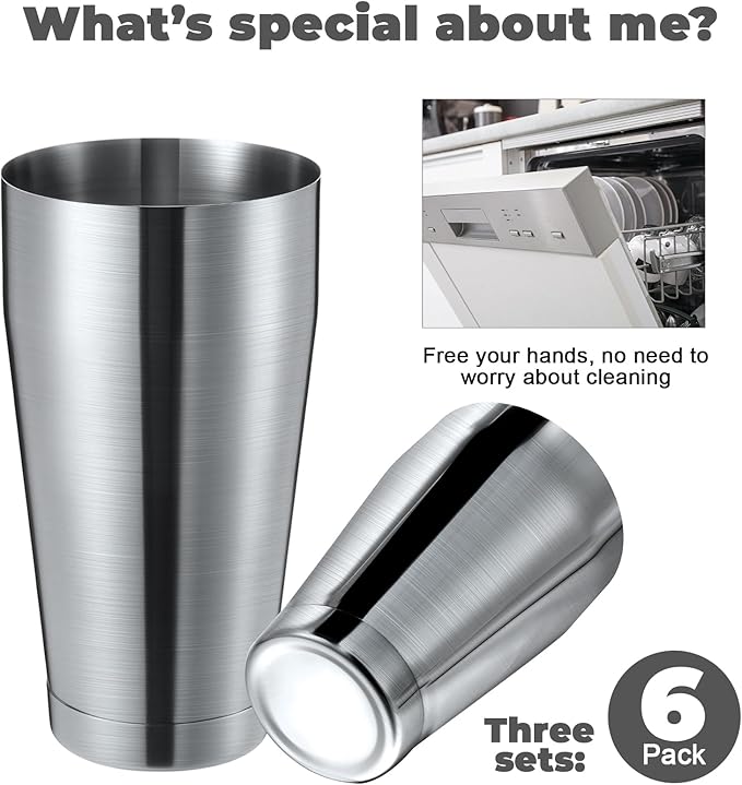 Sabary 6 Pcs Cocktail Shakers Professional Bar Shaker Boston Set Stainless Steel Martini Drink Mixer Basic Tool Weighted Shake Metal Can Cocktail Shaker Set, 18 Oz, 28 oz (Sanding Silver)