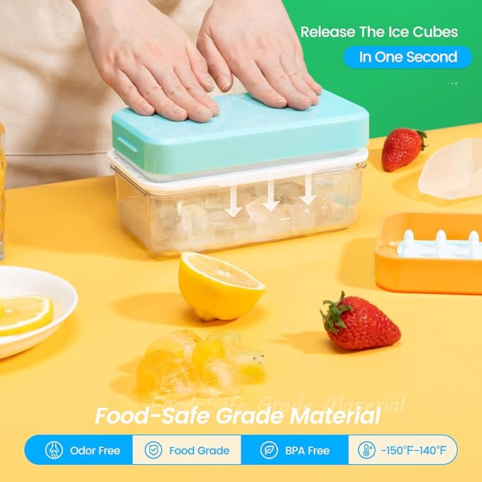 Ice Cube Tray with Lid and Bin, 28 pcs Ice Cubes Molds, Ice Trays for Freezer, Ice Cube Tray Mold, with 1 tray, Ice Freezer Container, Spill-Resistant Removable Lid & Ice Scoop, for Whiskey,Cocktail