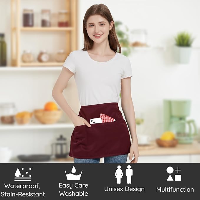 3 Pack Waist Apron with 3 Pockets, Unisex Black Waiter Aprons, Water Resistant Server Aprons for Restaurant Chef Bar