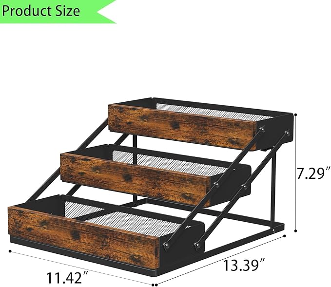 3 Tier Spice Rack Organizer for Cabinet, Foldable Spice Rack for Countertop, Cabinet Drawers Rustic Wooden Seasoning Spice storage for Kitchen Station, Pantry, Home - 1PC