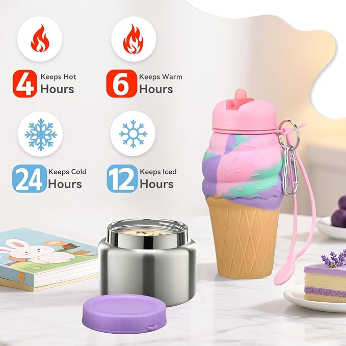 Kids Lunch Box Set -12oz Insulated Food Jar, Thermal Bag,Leakproof Lunch Food Containers Cutlery (BPA Free)-Gift for Girls/Boys Age 3-10(Purple)