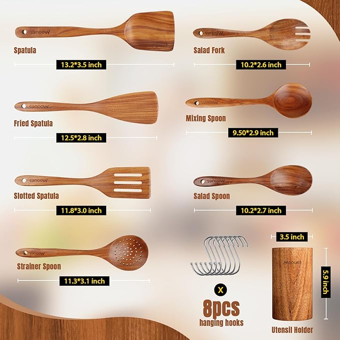 Wooden Spoons for Cooking, 8 PCS Teak Wood Cookware Utensil Set with Hooks - Smooth Finish, Non-Stick, Comfort Grip Cooking Spoons and Utensils Holder