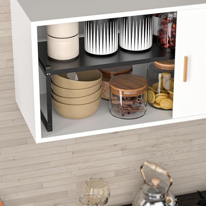 SANNO Expandable Kitchen Shelf Organizers,Adjustable Height Large Stackable Kitchen Cupboard Cabinet, Pantry and Counter Shelf Organizer, Cupboard Stand Spice Rack, Black, 2 Pack