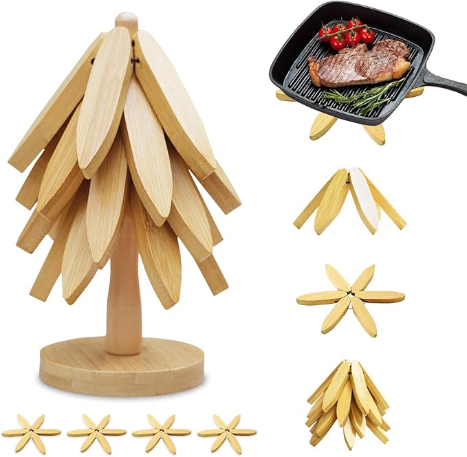 EGO LIFE Wooden Trivet Tree Set for Hot Dishes, 100% Natural Wood Trivets, Expandable Design Coasters, Foldable Tree-Sharped Placemats with 4PCS(Original Color)