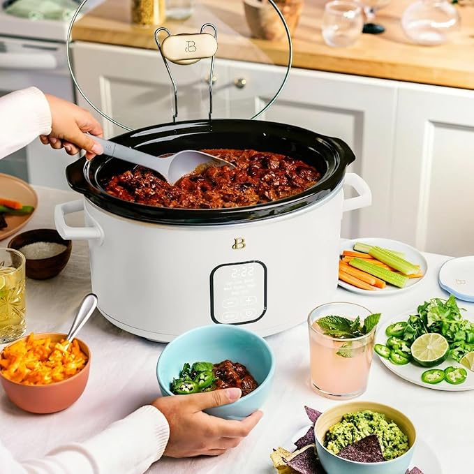 Beautiful 6 Qt Programmable Slow Cooker with Touch Control, Digital Timer and Keep Warm Function – Large Electric pot Capacity Kitchen Appliance by Drew-Barrymore (White Icing)