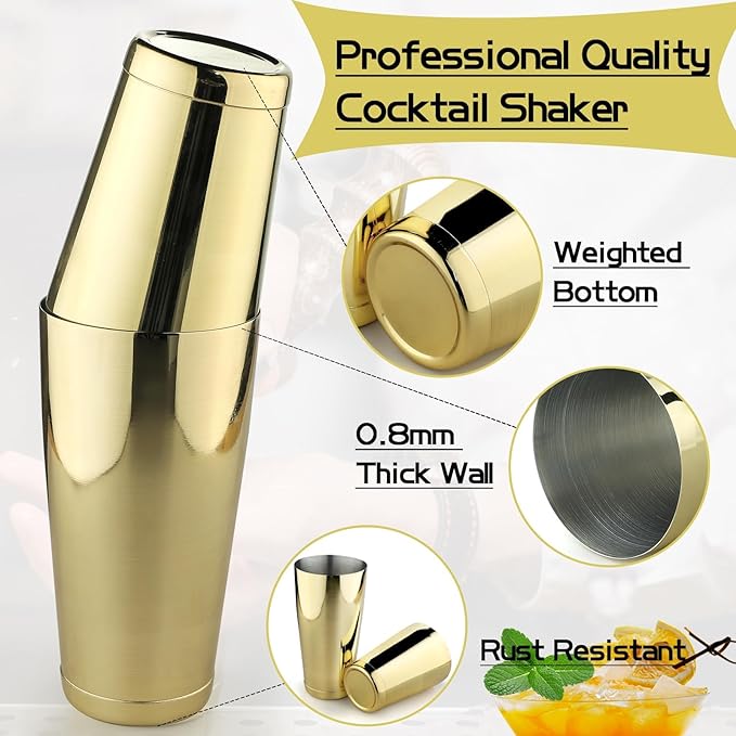 Stainless Steel Cocktail Shaker - 2 Piece 18oz & 28oz Boston Cocktail Shaker Bar Shaker Set Martini Shaker Set Bartender Shakers for Bartending - Gold