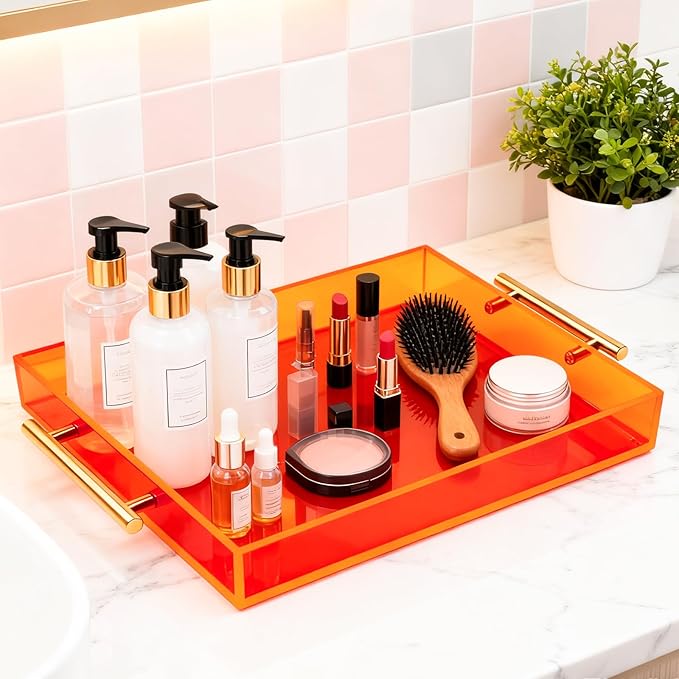 Acrylic Serving Tray with Handles Large Ottoman Food Decorative Tray for Coffee Table Tea Fruit Snack Kitchen Bar Platter, 17x13’’, Neon Orange