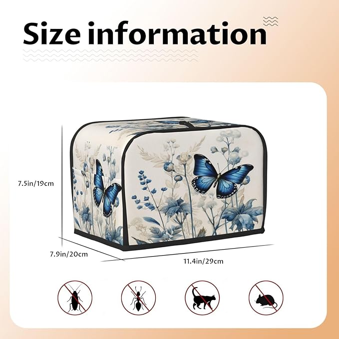 Toaster Cover 2 Slice Butterfly Blue Flower Boho Kitchen Small Appliance Covers with Pockets Dust and Fingerprint Protection