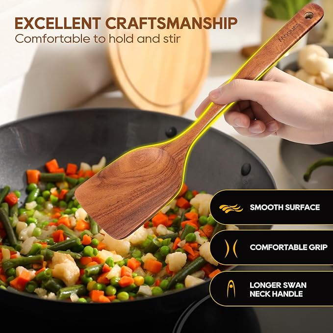 Wooden Spoons for Cooking, 10 PCS Teak Wood Cookware Utensil Set with Hooks - Smooth Finish, Non-Stick, Comfortable Grip, Heat Resistant Kitchen Utensils Gift Box