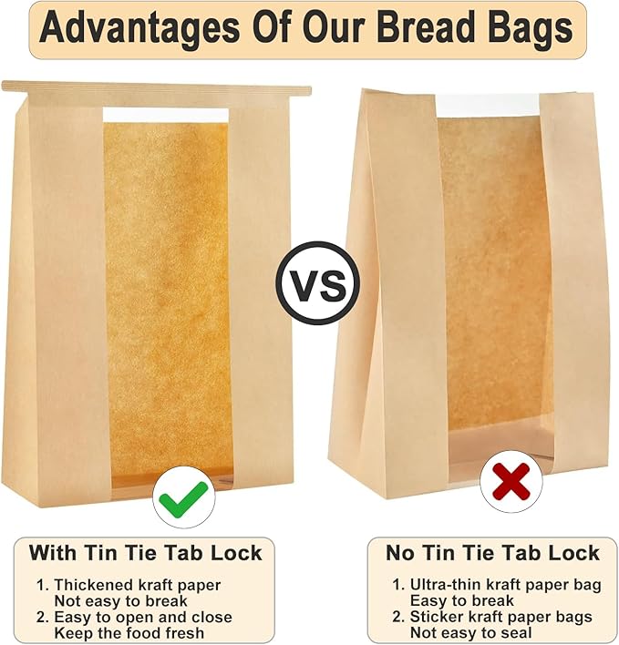 60 Pack thicker Large Paper Bread Bags,for Homemade Bread(13.7x8.2x3.7in)& Tin Tie Tab Lock.with Window Sourdough bags &75pcs Sealing Stickers,for Packaging and Storage of Baked Goods