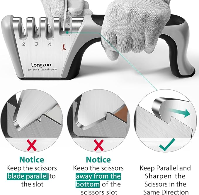 Longzon 4-in-1 Knife Sharpener [4 Stage] with a Pair of Cut-Resistant Glove, Original Premium Polish Blades, Best Kitchen Knife Sharpener Really Works for Fruit Knife and Steel Knives, Scissors