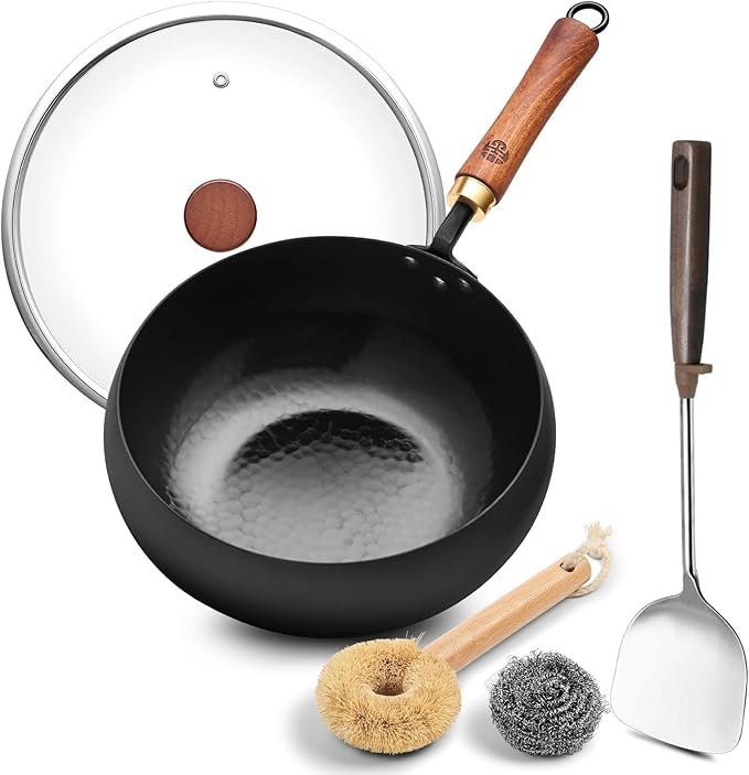 WANGYUANJI Wrought Iron Flat Bottom Wok with Glass Lid – Detachable Wooden Handle, Non-Coated Naturally Nonstick Frying Pan for Gas, Electric & Induction Stoves (Black Deep-Bowl Wok, 9.5 inch)