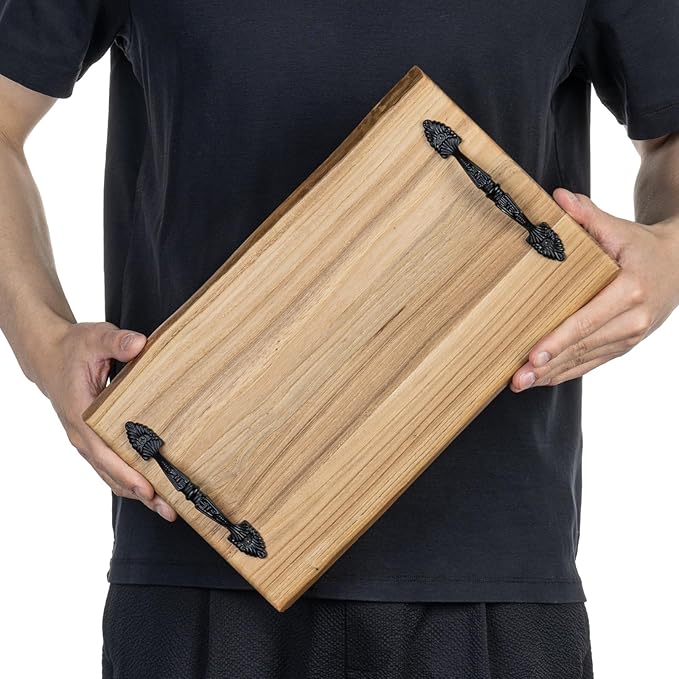 MyGift 14 Inch Vintage Solid Reclaimed Wood Serving Tray with Black Metal Handles, Rustic Wooden Decorative Display Platter, Home Table Kitchen Counter Decor