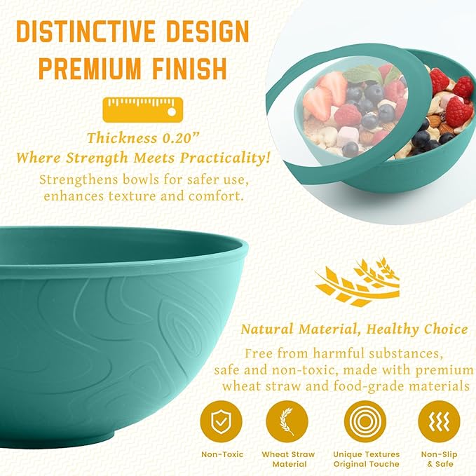 Homienly Bowls with Lids, Wheat Straw Bowl Set of 4-40 OZ Cereal Bowls and Silicone Edge Lids,Unbreakable Food Containers for Meal Prep, Salad, Lunch, Kitchen, Camping, Picnic, RV (4 Sets,Green)