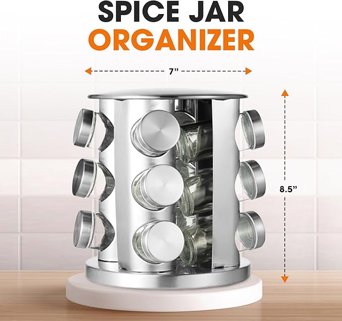 Cheer Collection Rotating Spice Rack for Countertop with 12 Jars, Stainless Steel Revolving Storage Organizer for Spices and Seasonings, plus Dry Erase Marker and 48 Reusable Labels