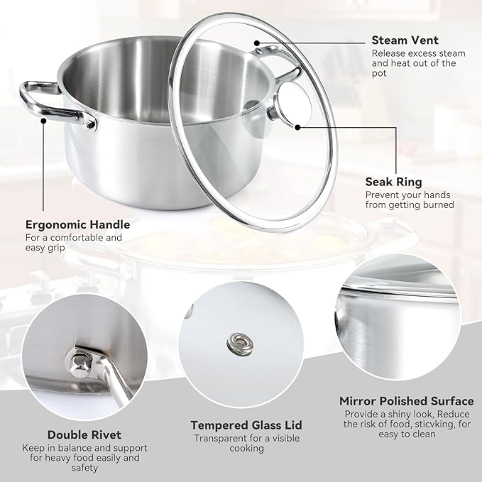 6QT Stainless Steel Stock Pot with Encapsulated Bottom & Lid - Professional Soup Pot - Nonstick Thick Bottom Stockpot for Cooking, Stewing, and Canning, Dishwasher Safe