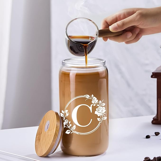 Birthday Gifts for Women, Monogrammed Initial Glass Cup Personalized Gifts for Women, 16oz Glass Cups with Lids and Straws, Iced Coffee Cup, Beer Can Shaped Glass - Gifts for Christmas, Birthday, C