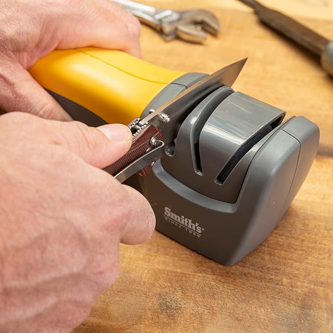 Smith's 50005 Edge Pro Compact Electric Knife Sharpener - Yellow & Grey - Straight Edge 2 Stage Sharpener - Electric & Manual Sharpening - Blade Guide - Outdoor & Kitchen - Pocket & Filet Knives