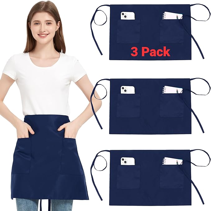 3 Pack Waist Apron with 3 Pockets, Unisex Black Waiter Aprons, Water Resistant Server Aprons for Restaurant Chef Bar