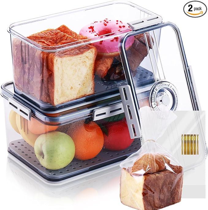 Circloophs 2 Pack Bread Box for Kitchen Countertop, Regular and Big Bread Container Storage Airtight Loaf, Large Breadbox for Bread Storage, Refrigerator Lock Box for Fruit Storage with 50 Pcs Bags