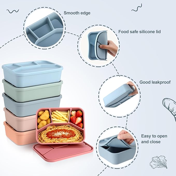Honeydak 6 Pcs Silicone Bento Box Reusable Lunch Container 4 Compartment Snack Boxes with Lid Smooth LeakProof Rectangle Food Boxes for Adult Work Travel Food Storage (Vintage Color)