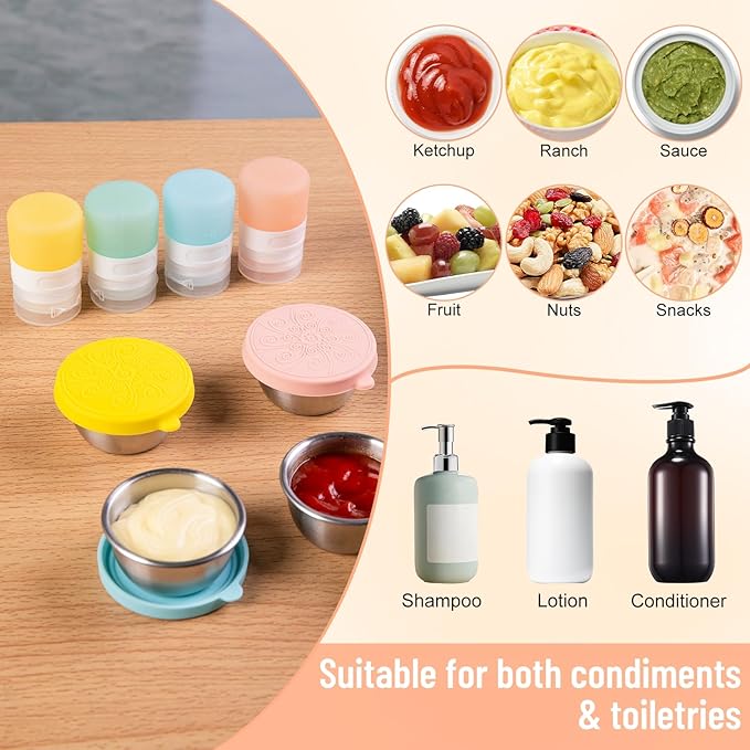 8-Pack Salad Dressing Container To Go, 1-oz Silicone Small Condiment Squeeze Bottles and 1.6 oz Stainless Steel Sauce Containers Cups, Leakproof Condiment Containers with Lids for Lunch Box