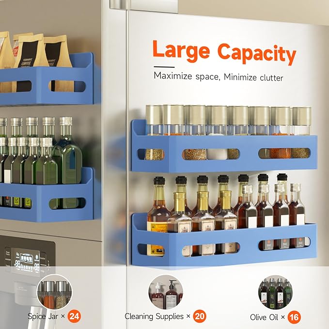 4 Pack Magnetic Spice Rack for Refrigerator, Spice Rack Organizer, Moveable Magnetic Shelf Fridge Organizer with 4 Hooks for Kitchen and Oven Organization, Blue