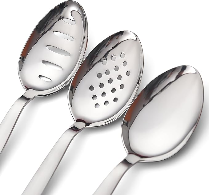 3-PCS Kunz Spoon | 9 Inch 18/10 Stainless Steel Serving Spoons Set Include Serving Spoon, Slotted and Perforated Spoons, Perfect for Basting, Plating, Quenelle, Sauces