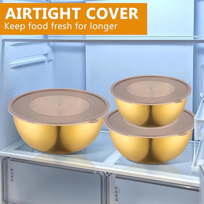 Gold Mixing Bowls with Airtight Lids Stainless Steel Mixing Bowl Set of 3 Metal Nesting Organizers and 1 Colander Non-slip Bottom for Baking Serving Food Size 2.22, 1.27,0.74 QT, Stackable