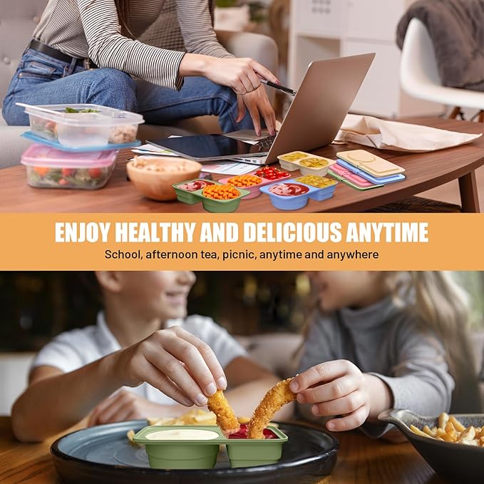 4 Pack Reusable Snack Containers with Lids, Silicone Double Compartment Snack Box Container, Small Mini Snack Pack Containers for Travel, Picnic, Work