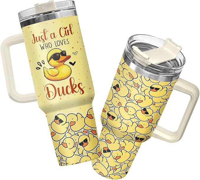 34HD Just A Girl Who Loves Ducks Tumbler with Handle and Straw, 40oz Animal Themed Coffee Mug with Lid, Duckling Cup, Duck Lover Gifts for Teenage Girls Women Daughter Friends