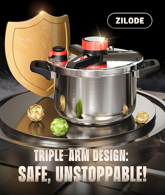Pressure Cooker 6.3QT, [Save 70% Cooking Time] Stainless Steel Pressure Canner with Triple-Layer Steel Body [One Hand Operation] Rotating Lock/Unlocking Lid System Steam Rack Included Olla De Presion