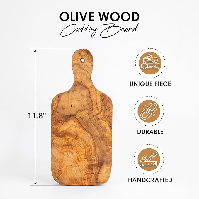 Olive Wood Cutting Board - 30cm (11.8") Handmade Chopping Board with Hanging Hole - Rustic Mediterranean Kitchen Board for Chopping, Slicing, and Serving with Natural Beeswax Finish