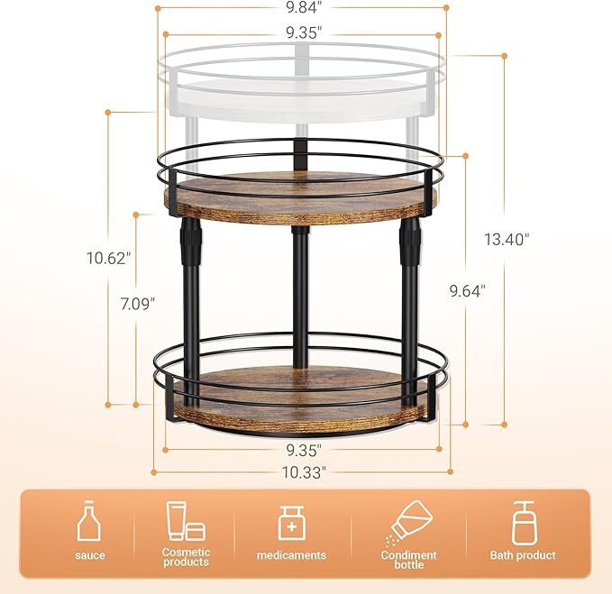 Lazy-Susan-Organizer-Spice-Rack, 2-Tier Rotating Spice Organizer For Kitchen-Cabinet-Countertop-Pantry, Turntable Seasoning Holder Storage Shelf With Adjustable Height