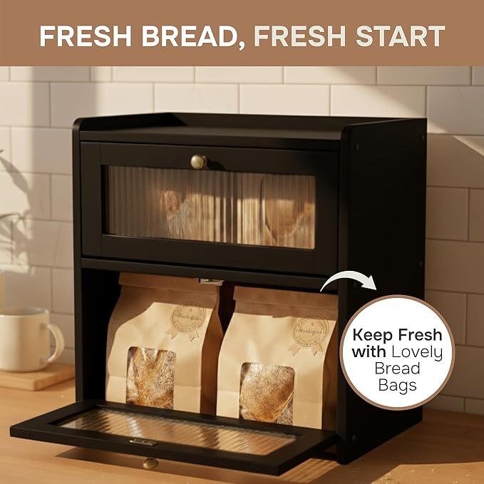 Bread Box for Kitchen Countertop - Wooden 2 Tier Bread Box with 10x Bread Bags and 10x Bread Bag Ties Vintage Breadbox Bread Storage Container Farmhouse Food Organizer Pantry Shelf (Black)