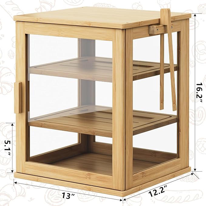 WOWLIVE Bamboo Bread Box for Kitchen Countertop, Large 3 Layers Bread Storage Container for Homemade Bread with Window, Farmhouse Breadbox Organizer for Kitchen, Cabinet, Pantry (Natural, Extra Large)