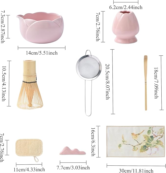 8 traditional matcha bowls with spouts, ceramic matcha bowls (Chawan), matcha mixing bowls for stirring matcha, tulip style (pink)