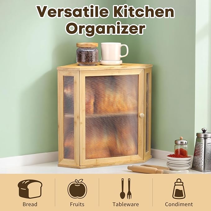 Corner Bread Box for Kitchen Countertop - Bamboo Large Capacity Bread Storage Bin with Acrylic Wavy Door Panel,Bread Box (Natural,Extra Large)
