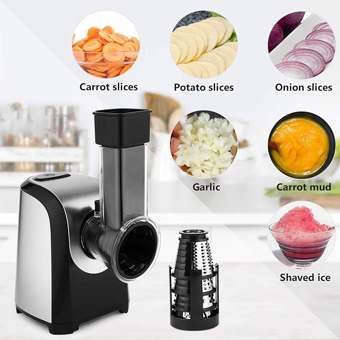 5 In 1 Professional Electric Cheese Grater, 150W Electric Cheese Shredder for Block Cheese Grater Shredder Salad Shooter for Cheeses, Shredded Carrots Cabbage and Nuts for Home Kitchen Use, BPA-Free