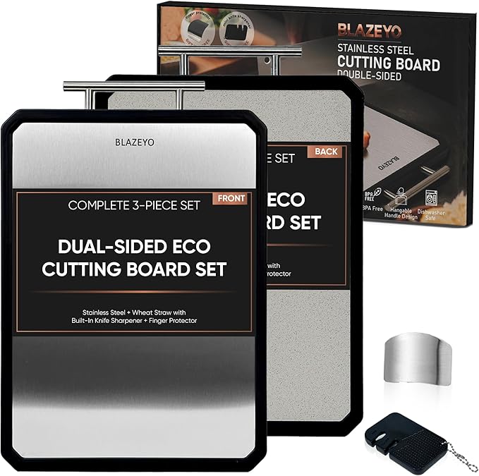 Stainless Steel Cutting Board, Heavy Duty Large 16”×11” 2-in-1 Double Sided Chopping Board for Kitchen, Food Grade Non Toxic Wheat Straw PP & Steel Surfaces, for Meat/Vegetables, Dishwasher Safe