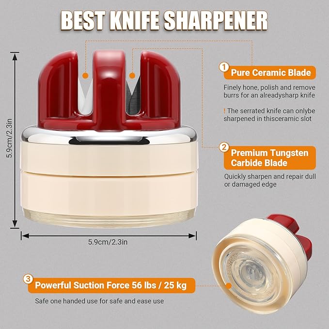Knife Sharpener | Multi-Angle Pocket & Kitchen Knife Sharpener w/Suction Base | Works with a wide range of knives | Includes Instruction Guide（red)