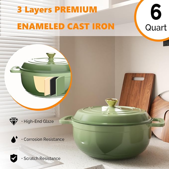 ROVSUN Enameled Cast Iron Round Dutch Oven, 6QT Pot with Lid &Dual Handles with Silicone Gloves,Oven Safe up to 500°F, Heavy-Duty Pre-Seasoned Cookware for Bread Baking, Braising, Stews, Roasting, Sage Green