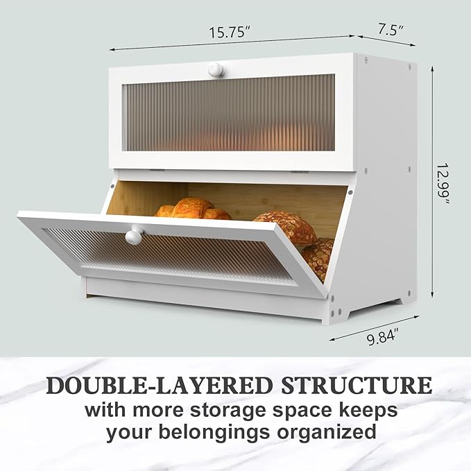 Bread Box for Kitchen Countertop: 2-Tier Bamboo Large Bread Storage Container,White