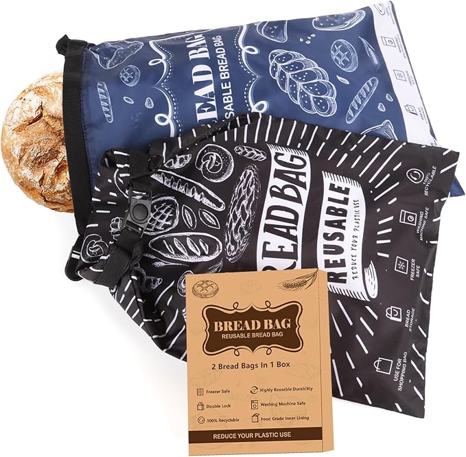 Bread Bag, 2 Packs Reusable Sourdough Storage Bag With Zipper for Homemade Loaf- Large Freezer Container Bread Box to Keep Bread Fresh (Black, L)