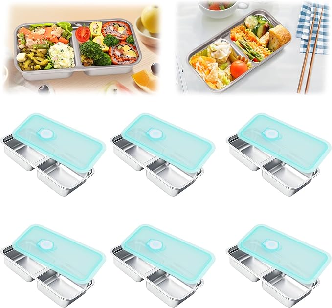 6 PCS Stainless Steel Snack Containers, Stainless Steel Double Compartment Snack Containers, Reusable & Dishwasher-Safe,Ideal for Travel, Outdoor Camping, Work and School