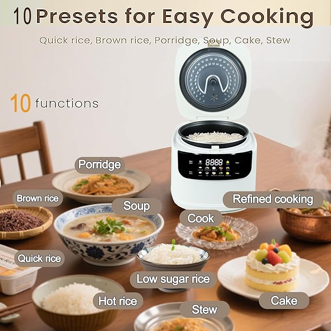 2L Mini Protable Rice Cooker,5 Cups Cooked/3 Cups Uncooked, 400W Non-Stick Rice Maker, 24 hours Timer Delay, 10 Functions, Fast Cooker,White
